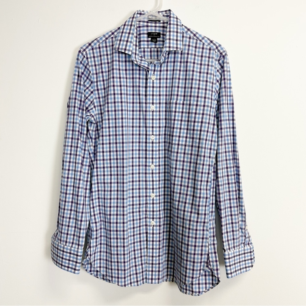 J Crew Shirt Mens Small Blue Purple White Plaid Thompson Stretch Wrinkle Free